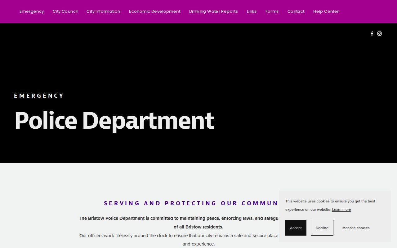 Bristow Police Department page for municipal arrest and booking records