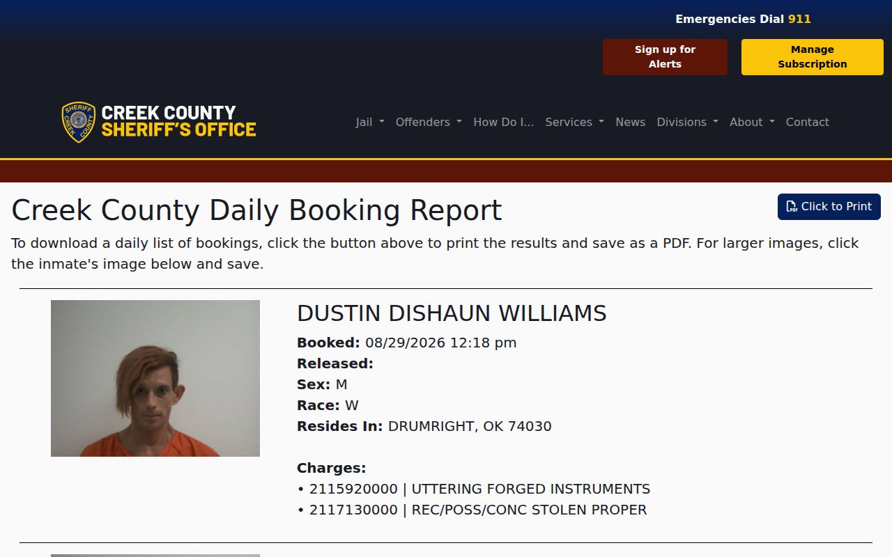 Creek County daily booking report with recent arrest record fields