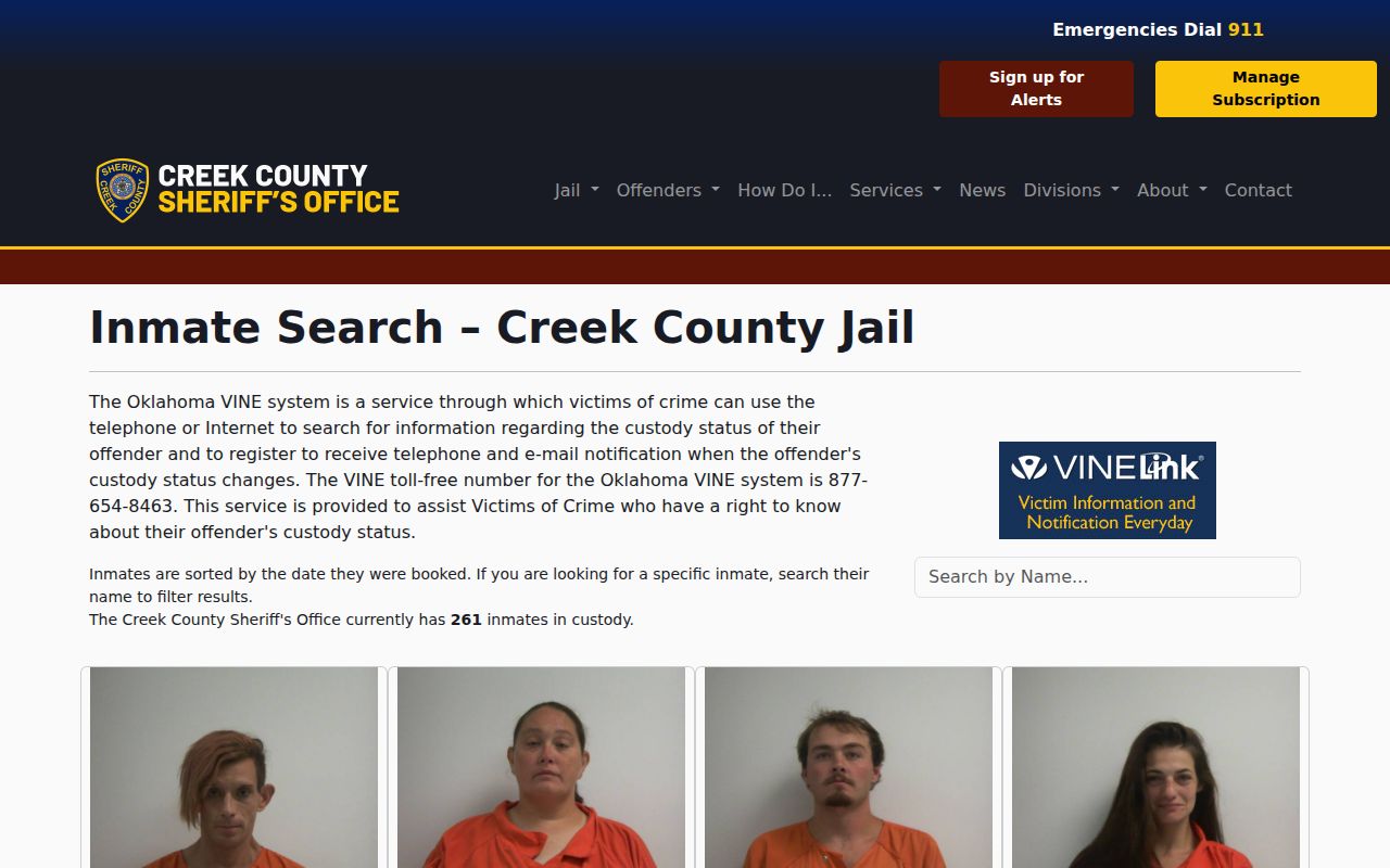 Creek County Jail current-inmate booking roster search page