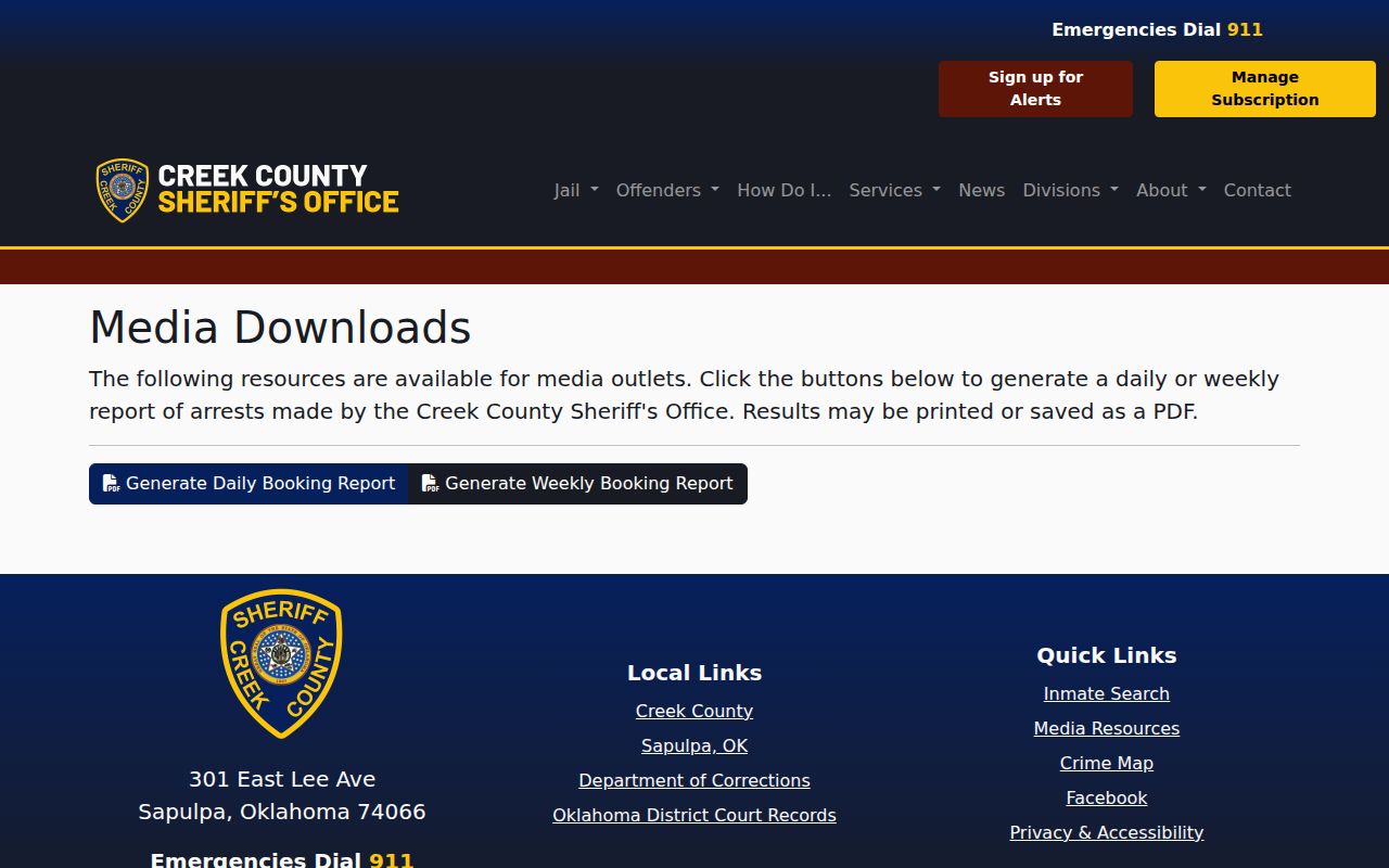 Creek County Sheriff Media booking-report page