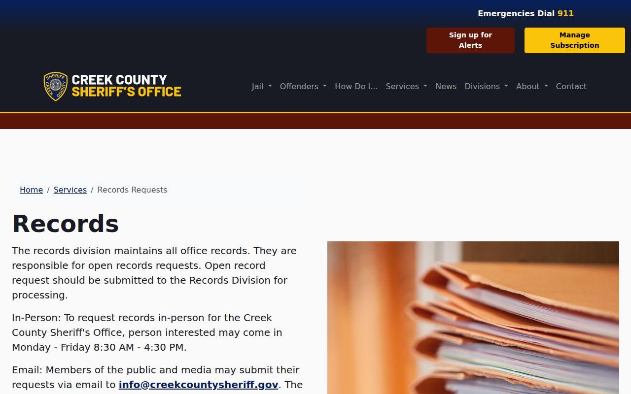 Creek County Sheriff Records Division booking-record request page