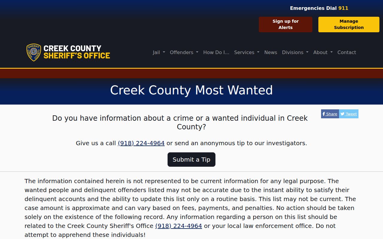 Creek County Sheriff's Most Wanted warrant notice page